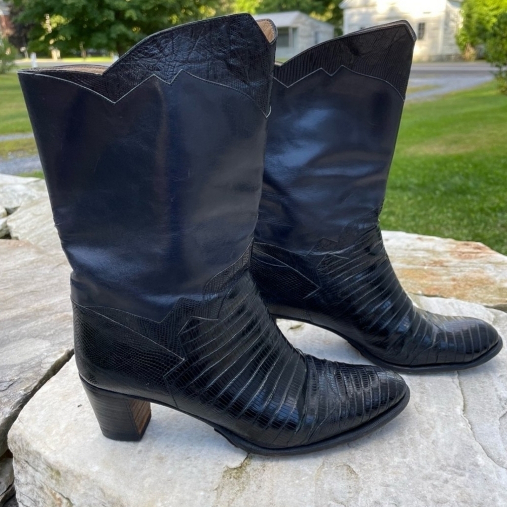 Susan Bennis Warren Edwards Vintage Black snakeskin Leather Boots Sz 6